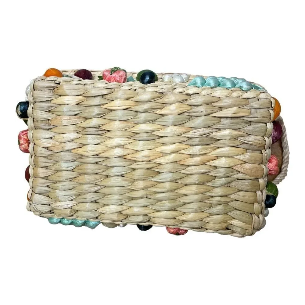Vintage Cottage Fruit Basket Woven Raffia Harvest Centerpiece Decor